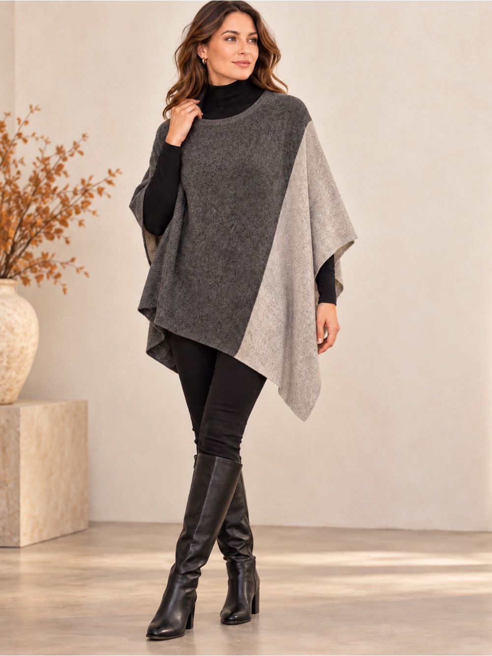 Celeste 90% Wool 10% Cashmere Two-Tone Poncho Cape Grey